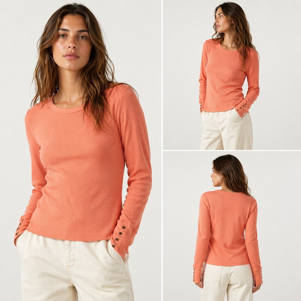 Sundance Womens Velvet Button Cuff Ribbed Thermal Top XL Orange Boho‎ Knit